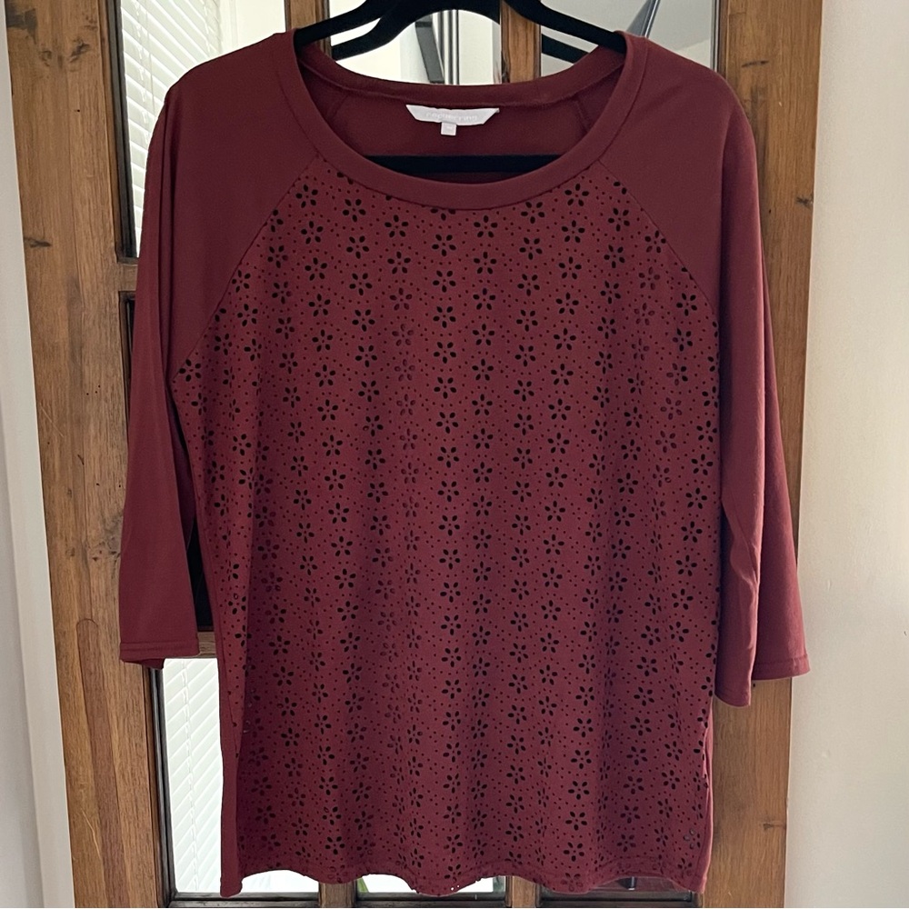 Redherring Debenhams Brown Laser Cut 3/4 Sleeve Velvety Front Tee/Top UK14/US 10